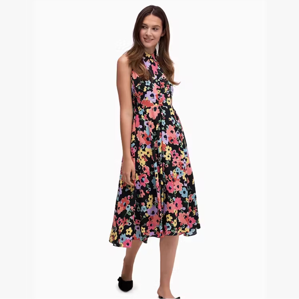 Kate Spade Bouquet Multicolor Floral Print Collared Button Front Midi Dress
